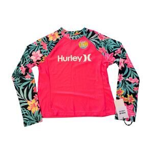 Hurley Girls Rash Guard Swim Top Size L Pink Hawaiian Floral Long Sleeve UPF NWT